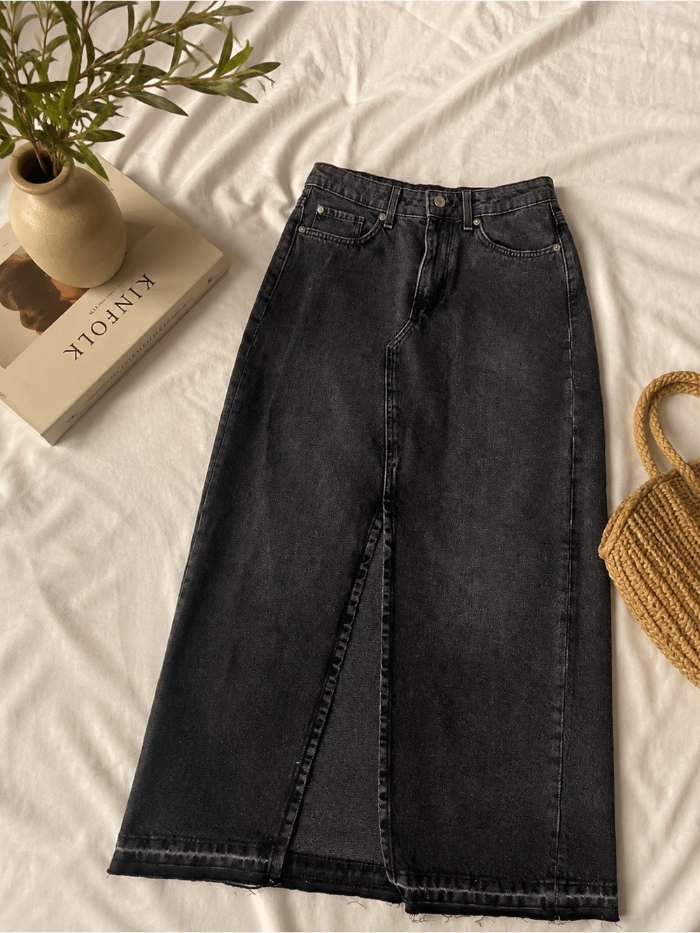 H&M Black Denim Maxi Skirt | High Waist | Front Slit | Size S